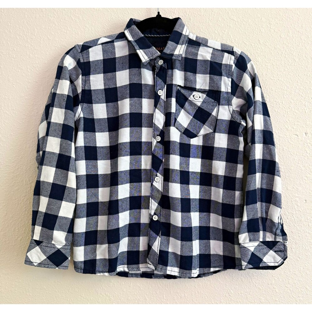 NOMAD Boys Size 6 Navy/White Plaid Long Sleeve Collared Button-Up Shirt